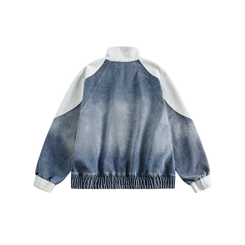 Unisex Boxy-Jeansjacke im Patchwork-Look mit Stehkragen und Reißverschluss Echo Archiv
