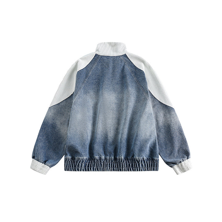 Unisex Boxy-Jeansjacke im Patchwork-Look mit Stehkragen und Reißverschluss Echo Archiv