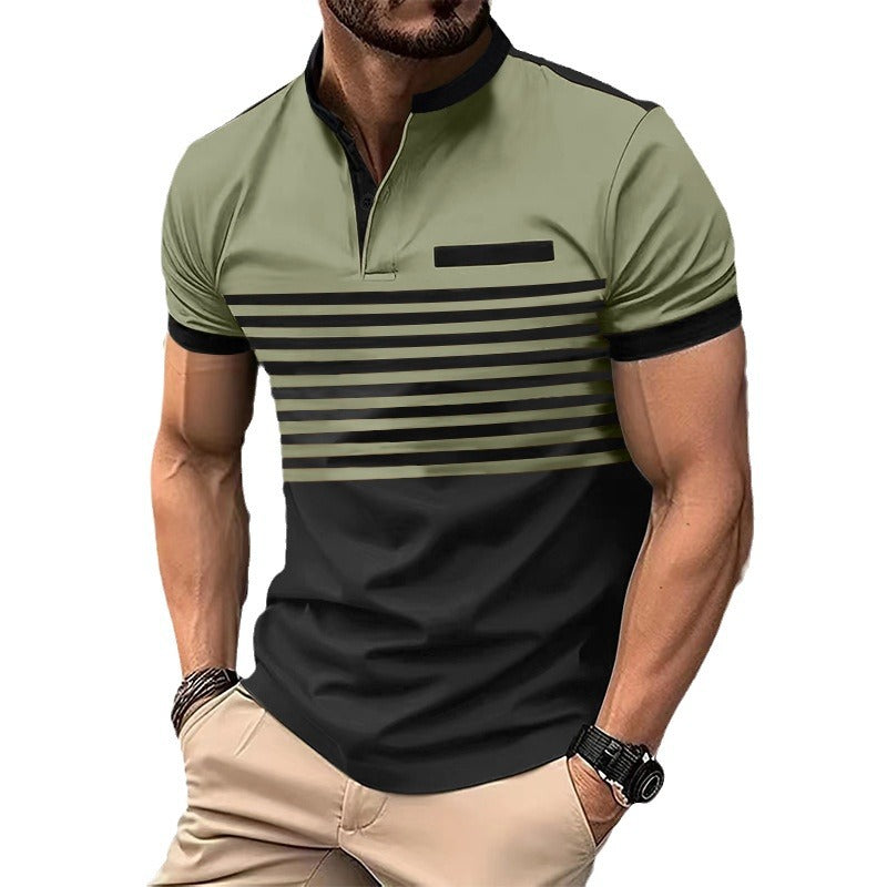 Herren nan kurzärmeliges Streifen-Kurzarmshirt mit Knopfleiste, Stehkragen und Brustpaspel Echo Archiv