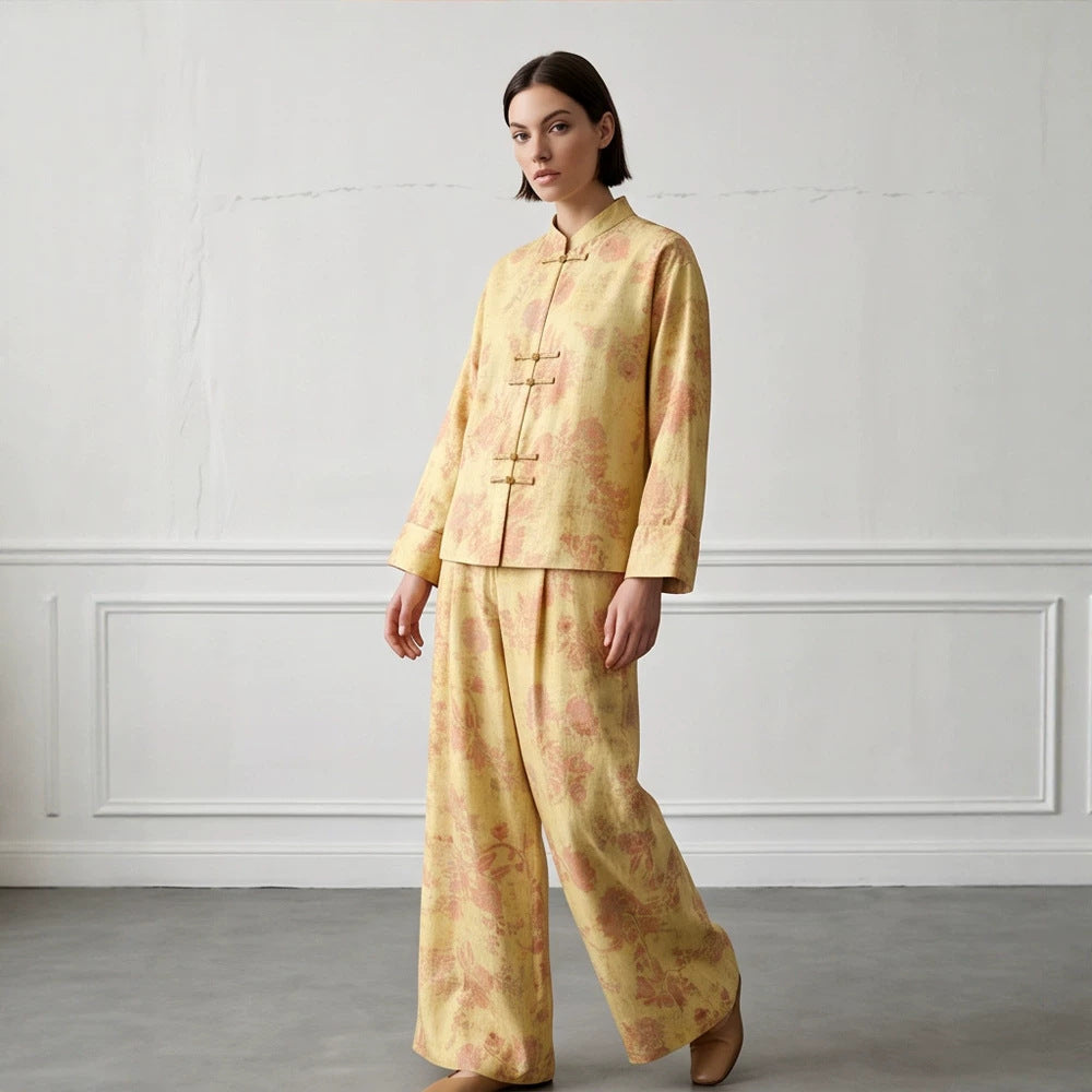 Damen Zweiteiliges Jacquard-Set mit Mandarin-Kragen und weit geschnittener Hose Echoarchiv