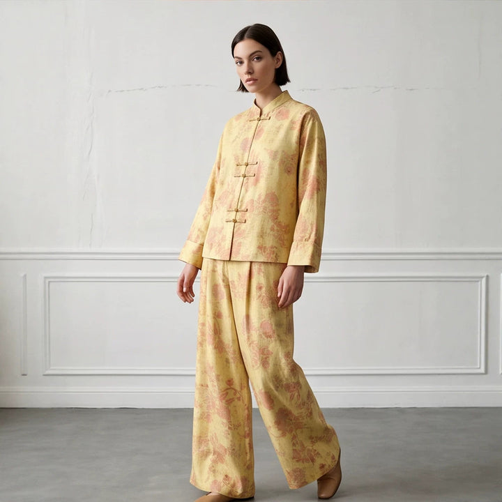 Damen Zweiteiliges Jacquard-Set mit Mandarin-Kragen und weit geschnittener Hose Echoarchiv
