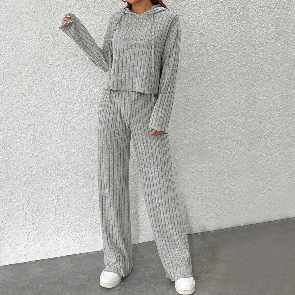 Damen geripptes Lounge-Set mit Kapuzenpullover und weiter Highwaist-Hose – Avérine