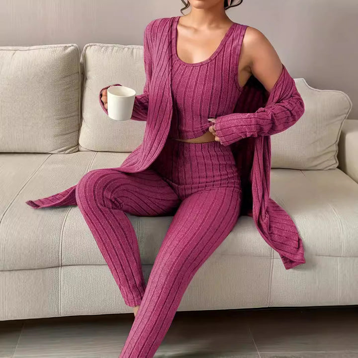 Damen Geripptes Lounge-Set mit Cropped-Top, High-Waist-Leggings und Longcardigan Echo Archiv