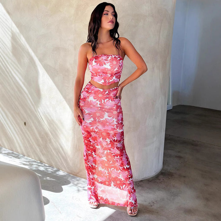 Damen Elegantes Crop-Top und Maxirock-Set mit floralem Design Echo Archiv