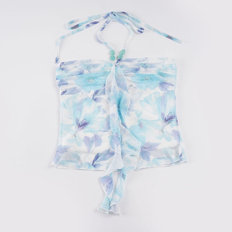 Damen Neckholder-Bluse mit floralem Design und raffiniertem Lockenabschluss Echo Archiv