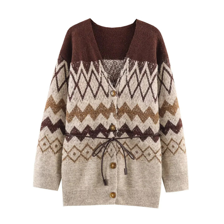 Damen Oversize Strickcardigan mit Norweger‑Muster, V‑Ausschnitt, Knopfleiste und Taillenbindegürtel – Veloura