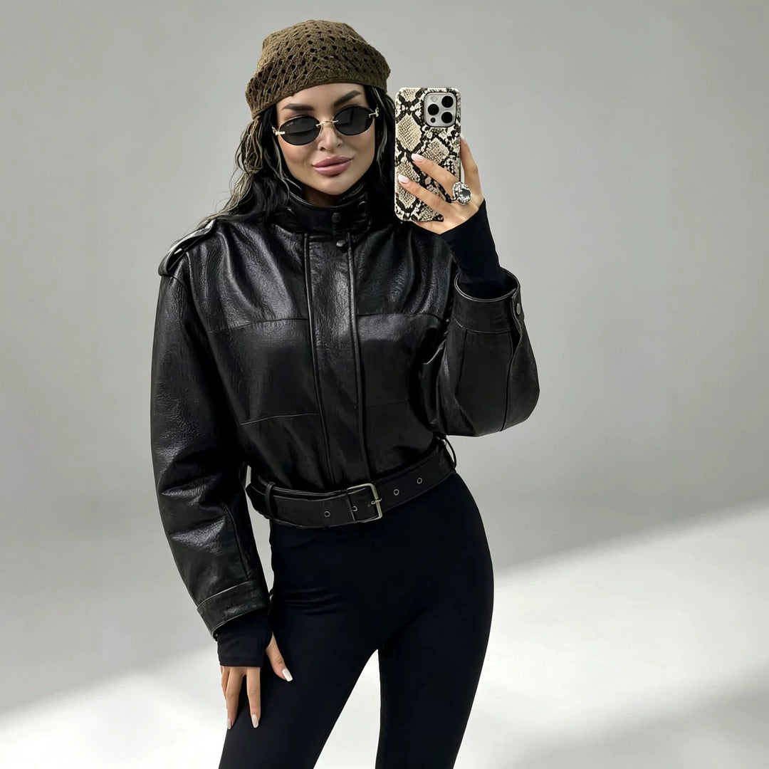 Damen Modische Kunstlederjacke mit Gürtel Echo Archiv