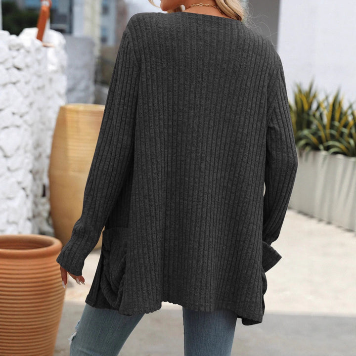 Damen Gerippter Longcardigan mit offenen Kanten, Eingrifftaschen und lockerer Passform Echoarchiv