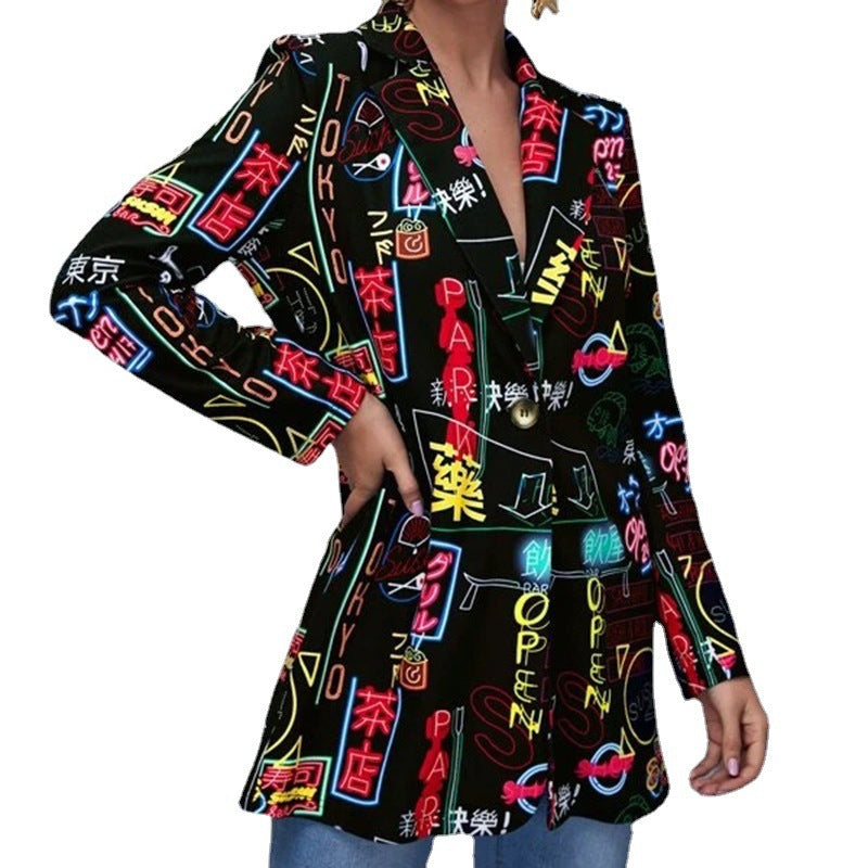 Damen Bedruckter Longblazer mit grafischem Street‑Art‑Muster und tailliertem Schnitt Echo Archiv