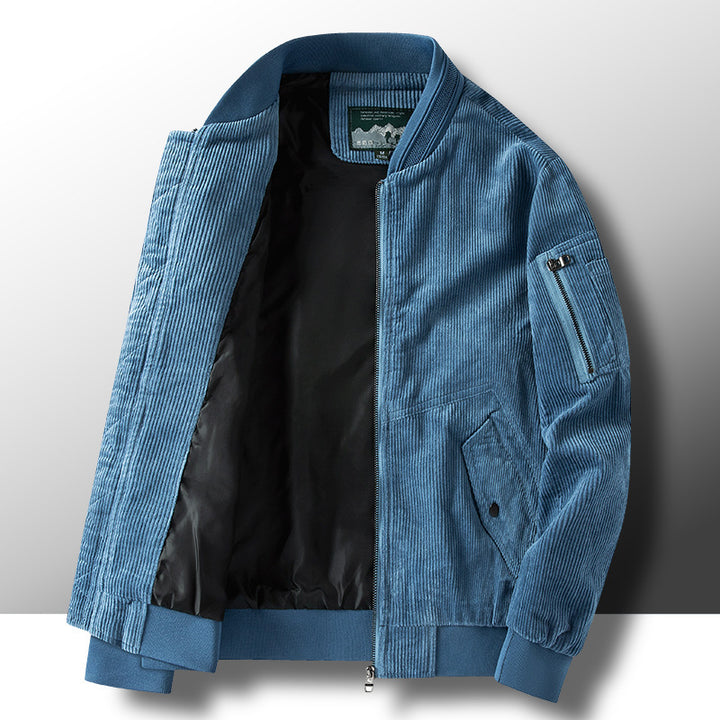 Herren Kord-Vintage-Bomberjacke mit leichtem Thermofutter, Ärmel-Reißverschlusstasche und Rippbündchen – Brevano