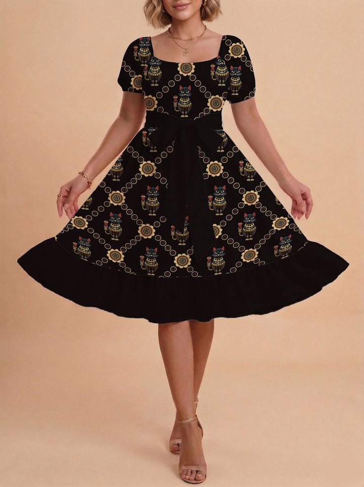 Damen Retro Maxikleid mit Puffärmeln und Taillengürtel Echo Archiv