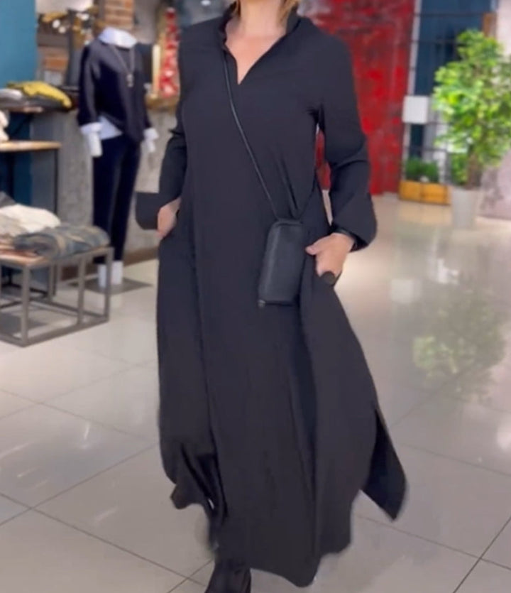 Damen Lange Maxi Kleid mit Stehkragen, Seitentaschen und Lockerem Fall Echoarchiv