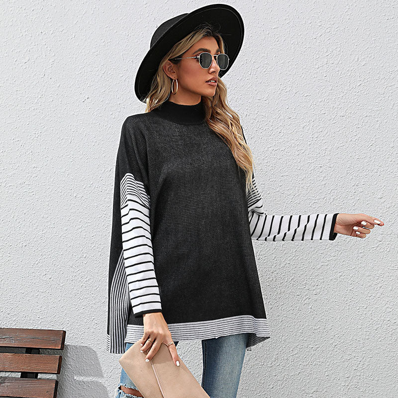 Damen Oversize Strickpullover mit Stehkragen und gestreiften Raglanärmeln Echoarchiv