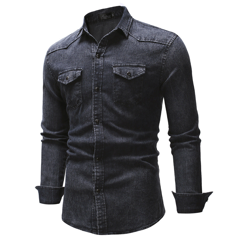Herren nan oversized Denim-Hemdenjacke mit geschwungenem Saum und aufgesetzten Pattentaschen Echo Archiv