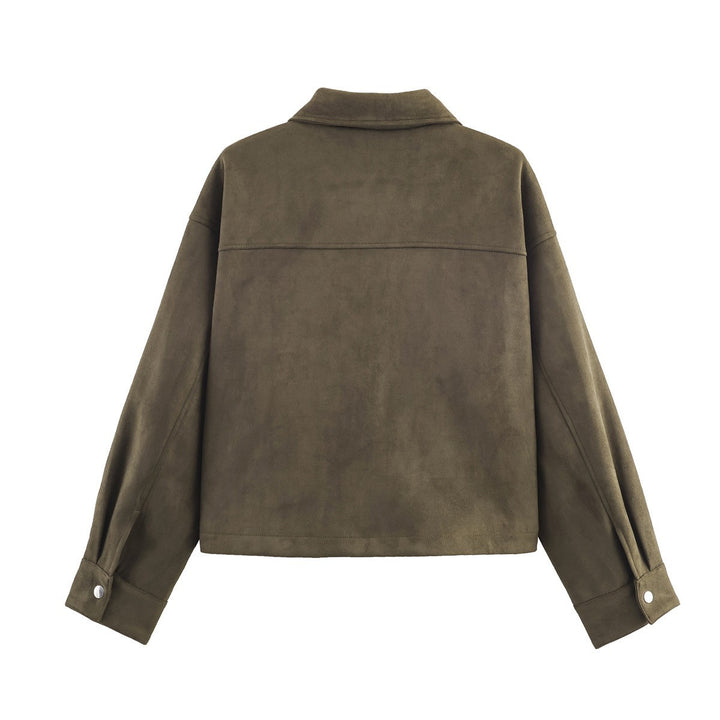 Damen Kurz geschnittene Wildlederoptik-Utility-Jacke mit aufgesetzten Klappentaschen Echo Archiv
