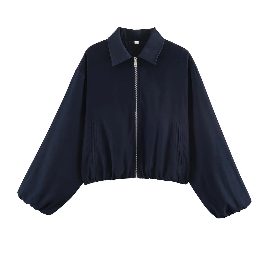 Damen nan Cropped Bomberjacke mit durchgehendem Reißverschluss, weitem Ballonärmeln und elastischem Saum Echo Archiv