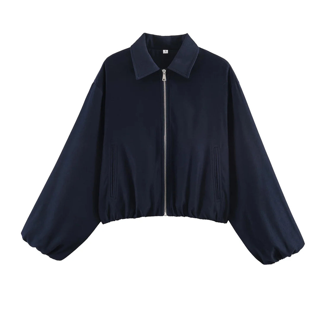 Damen Cropped Bomberjacke mit durchgehendem Reißverschluss, weitem Ballonärmeln und elastischem Saum – Avenza