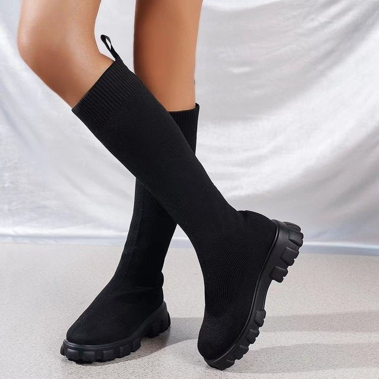 Damen Strick-Overknee-Stiefel mit elastischem Sock-Schaft und klobiger Lug-Sohle Echoarchiv