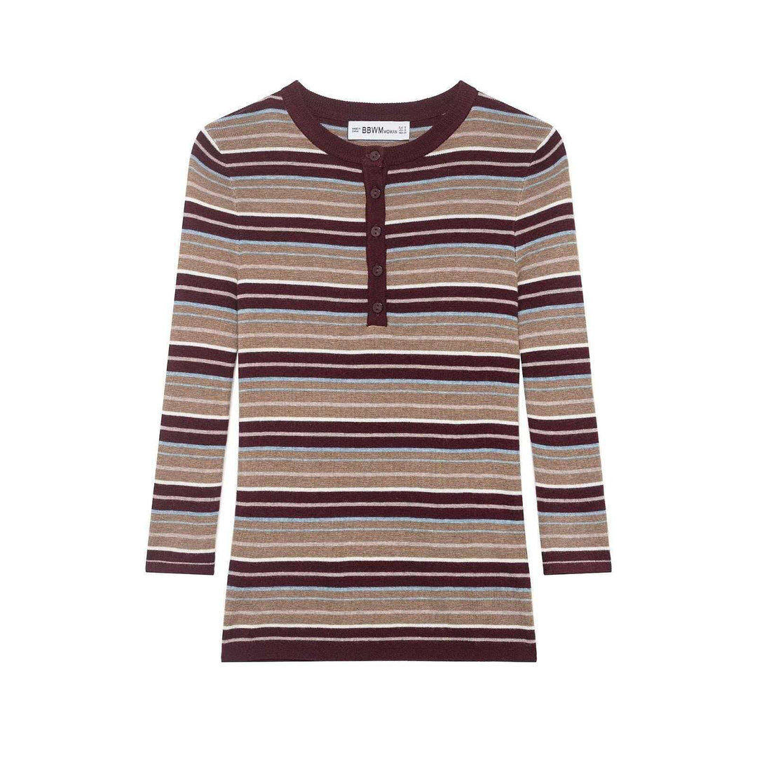 Damen Rippstrick-Longsleeve mit Henley-Knopfleiste und feinem Streifenmuster Echo Archiv