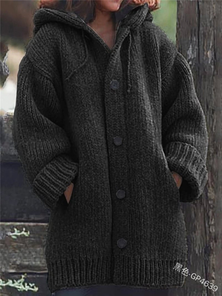 Damen weit geschnittener Kapuzen-Strickmantel mit Knopfleiste und Eingrifftaschen Echo Archiv