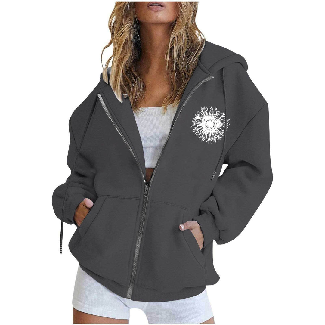 Damen oversized Kapuzenjacke mit Frontreißverschluss, Kängurutaschen und stilisiertem Sonnenblumenprint – Auréline
