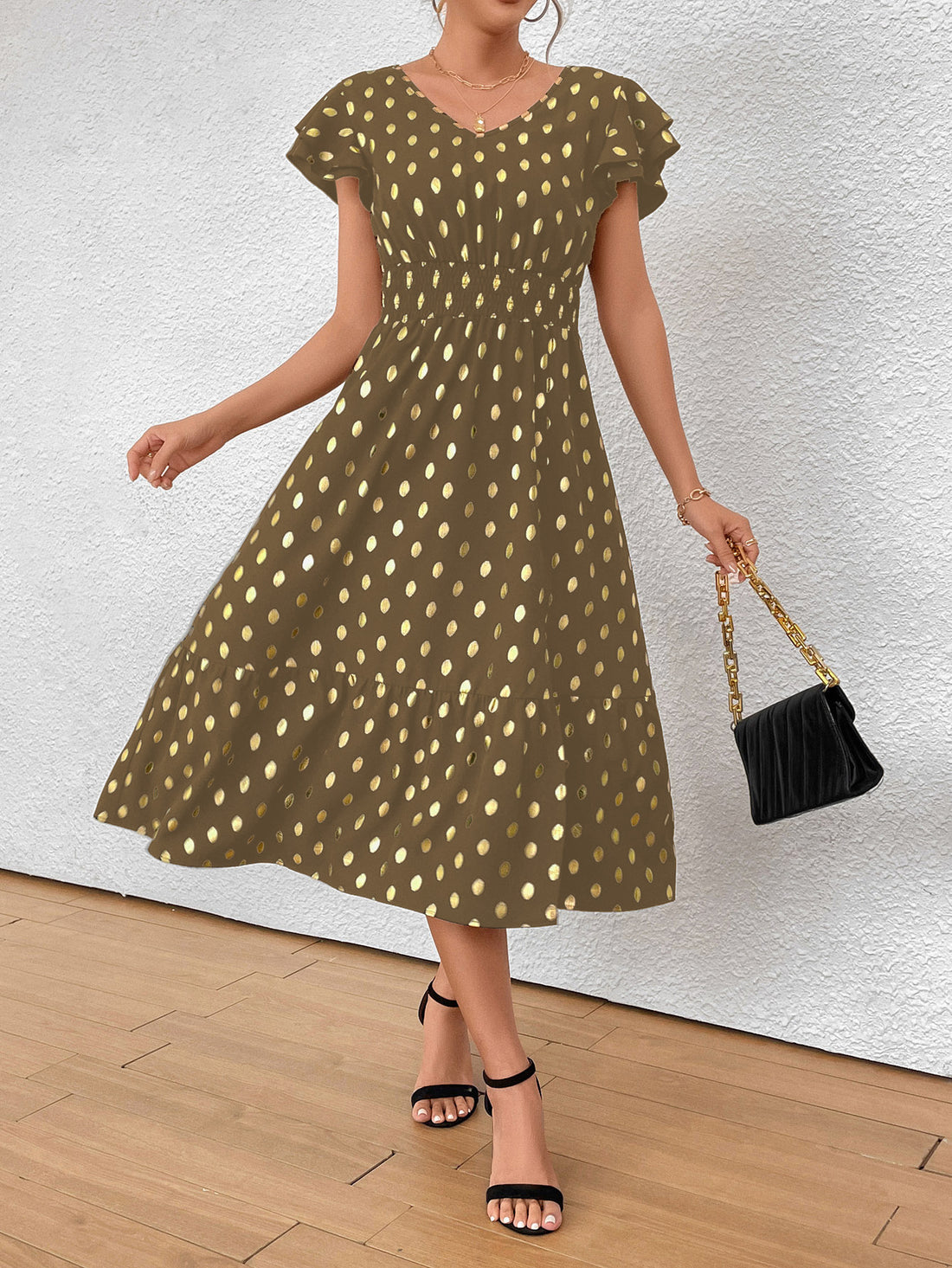 Damen Maxikleid mit Rüschendetails und schimmerndem Punktmuster – Valéora