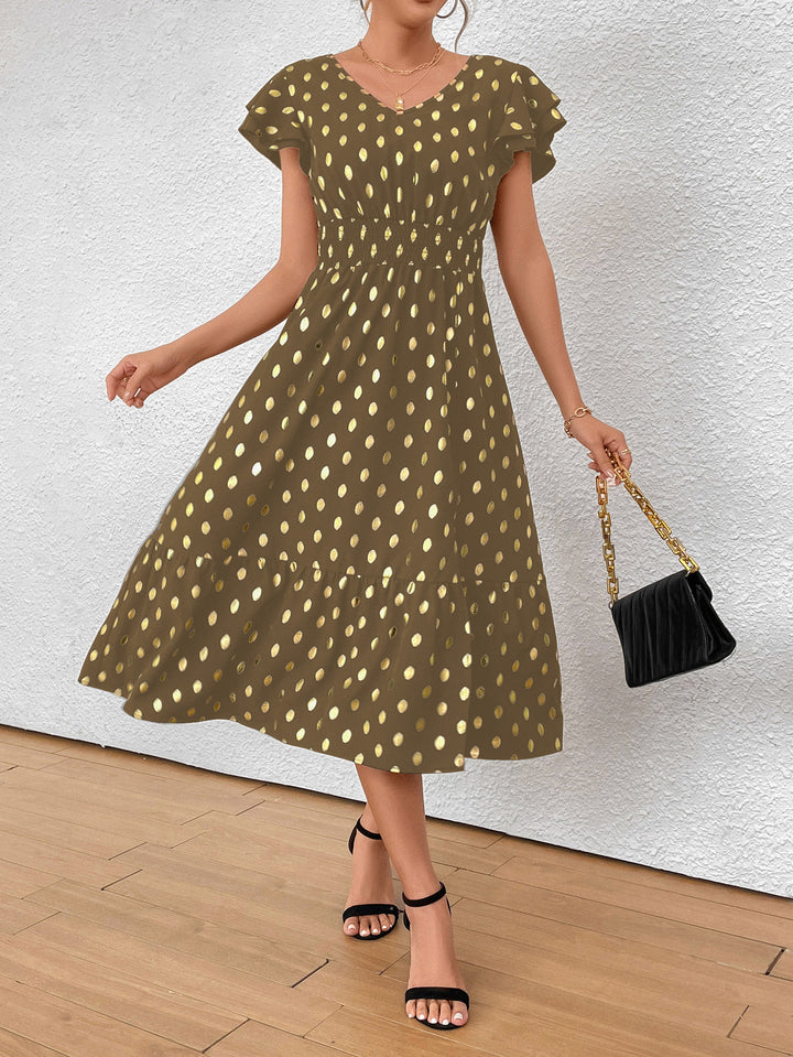 Damen Maxikleid mit Rüschendetails und schimmerndem Punktmuster Echo Archiv