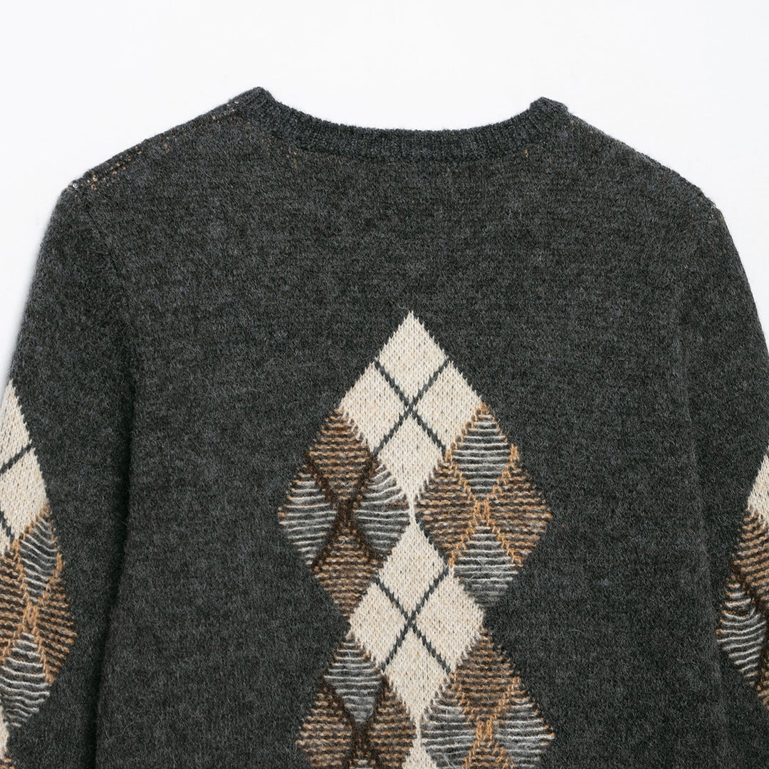 Damen Kurzgeschnittener Argyle-Cardigan im Retro-Strick mit goldenen Zierknöpfen Echoarchiv