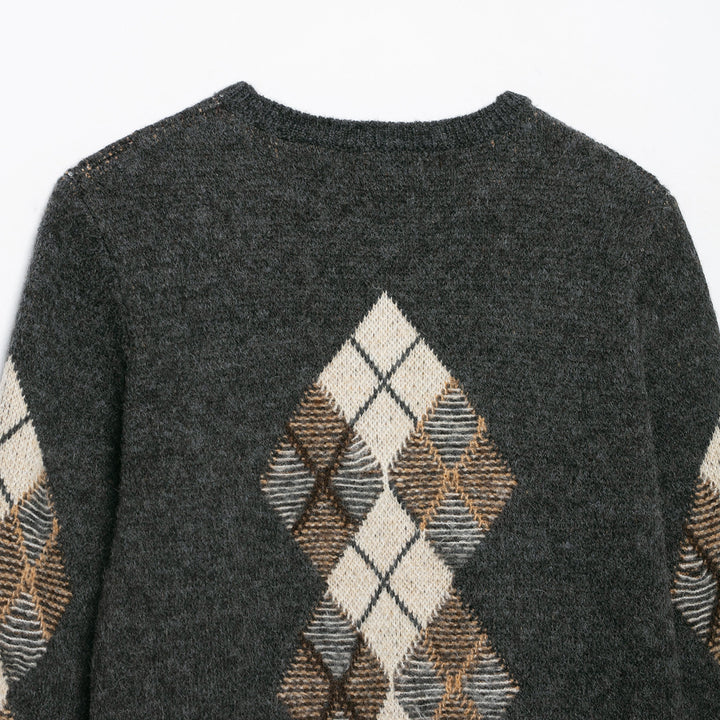 Damen Kurzgeschnittener Argyle-Cardigan im Retro-Strick mit goldenen Zierknöpfen Echoarchiv