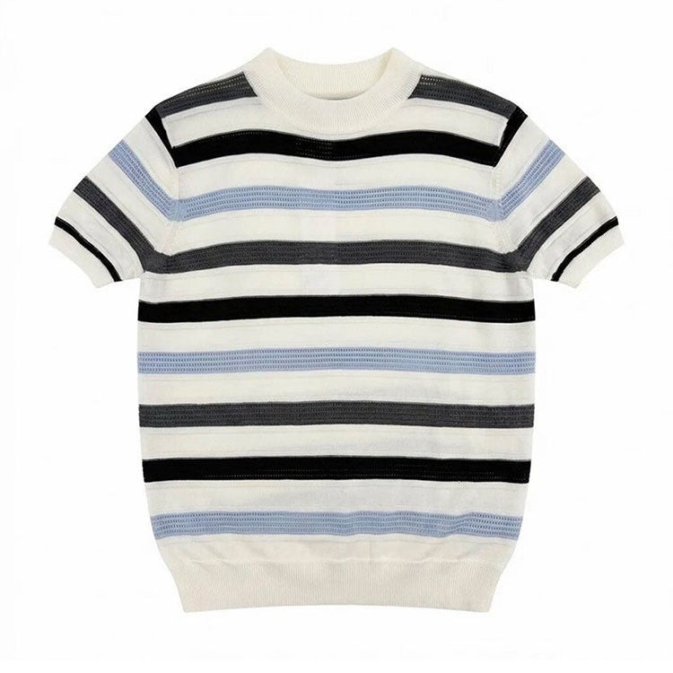 Damen Modernes Kurzarm Strickoberteil mit Wellenmuster Echoarchiv