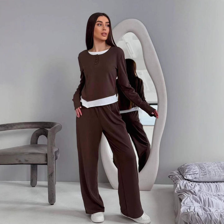 Damen Loungewear-Set aus weichem Modal mit Henley-Knopfleiste und weitem High-Waist Jogger – Avérine
