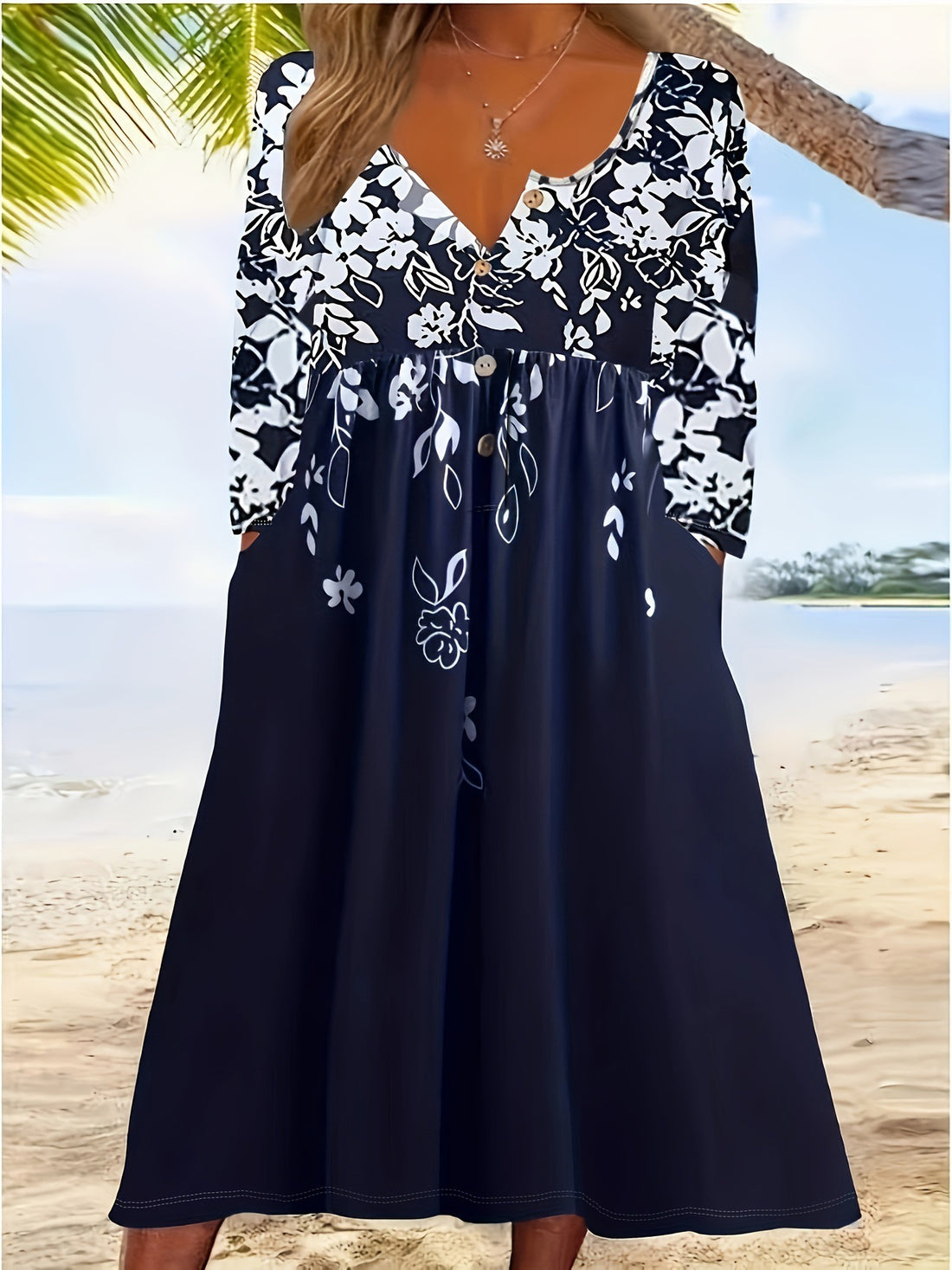 Damen Maxikleid mit V-Ausschnitt, Blumenprint, Knopfleiste und Eingrifftaschen – Valéora