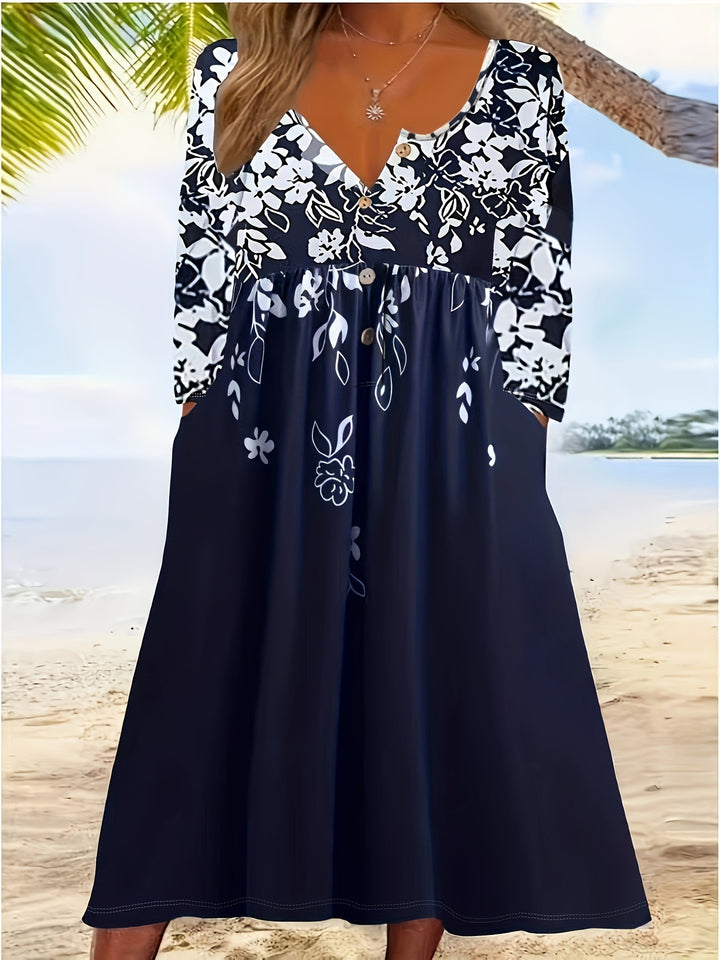 Damen Maxikleid mit V-Ausschnitt, Blumenprint, Knopfleiste und Eingrifftaschen Echoarchiv
