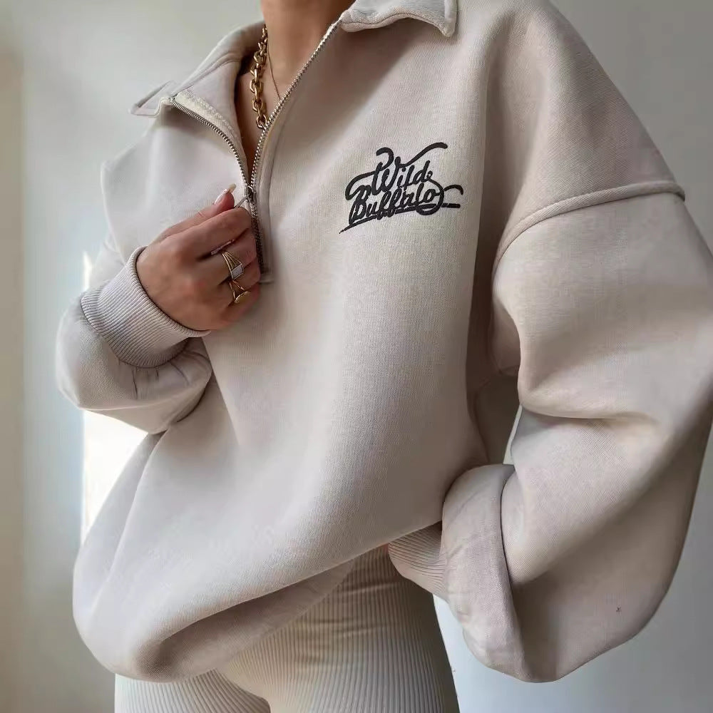 Damen Oversized Halbzip-Sweatshirt mit Stehkragen und gesticktem Logo Echoarchiv