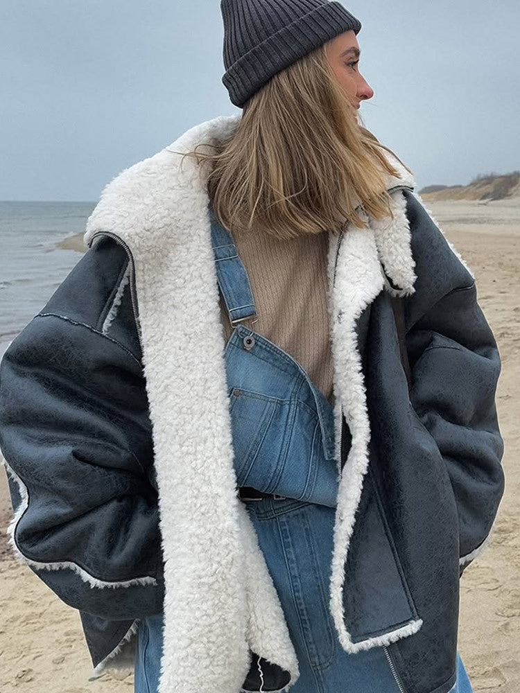 Damen Oversize Pilotjacke im Vintage-Look mit Sherpa‑Futter und Kontrastbesätzen Echoarchiv