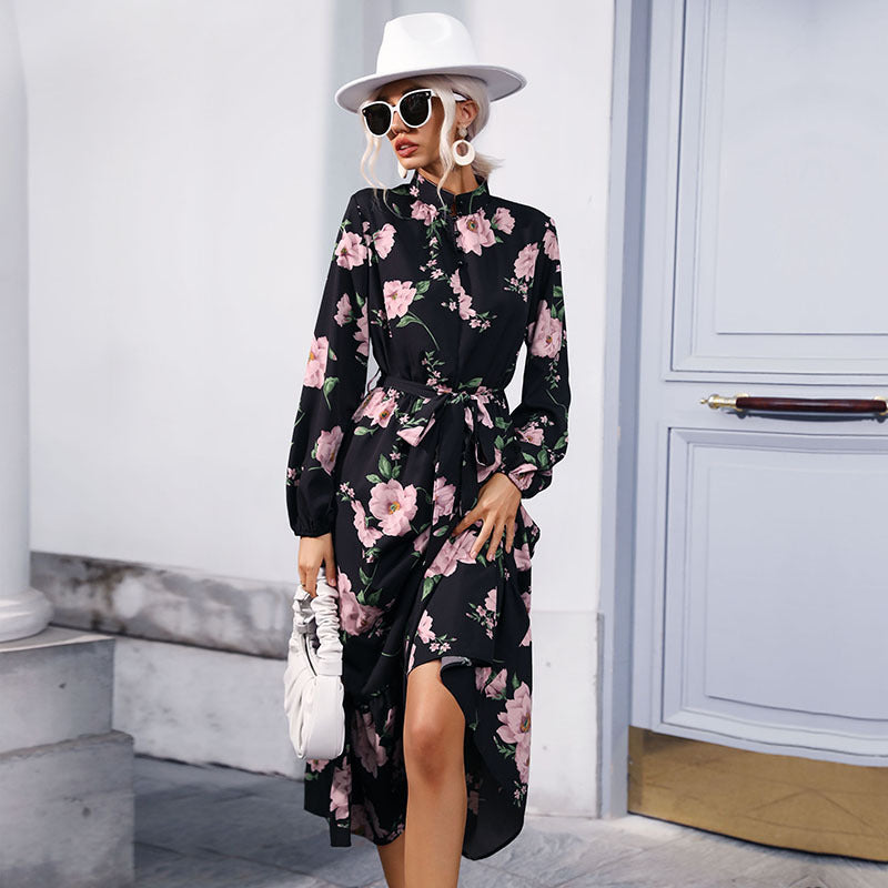 Damen Maxikleid mit floralem Allover‑Print, Stehkragen, langen Ballonärmeln und Volant Echoarchiv