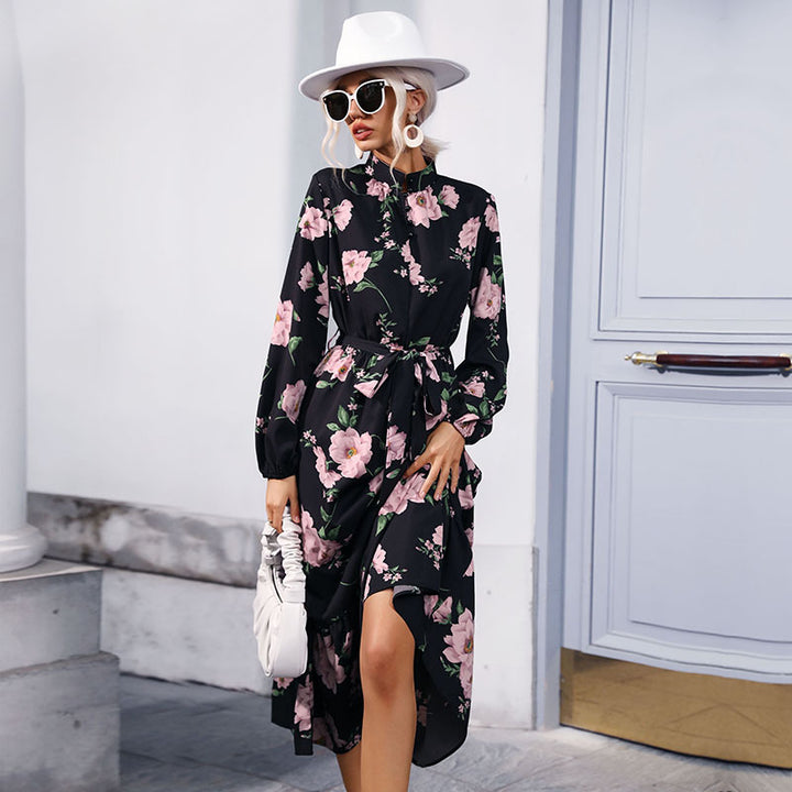 Damen Maxikleid mit floralem Allover‑Print, Stehkragen, langen Ballonärmeln und Volant Echoarchiv