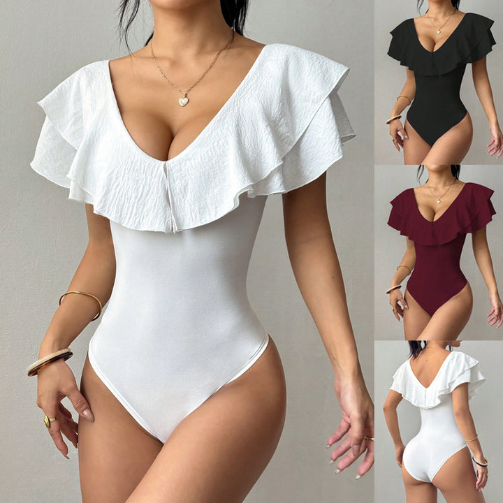 Damen Taillierter Body mit tiefem V‑Ausschnitt und doppeltem Volantkragen Echo Archiv
