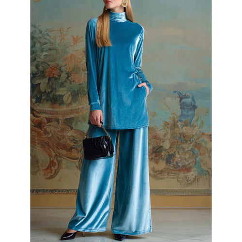 Damen Oversize-Samt-Set mit Rollkragen und weitem Palazzohose Echo Archiv
