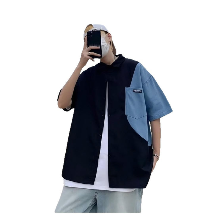 Herren Oversized Kurzarm-Hemd mit Colorblock-Design und aufgesetzter Brusttasche Echoarchiv