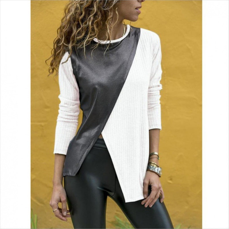 Damen Asymmetrisches Longsleeve mit Lederoptik‑Overlay und Rippstrick – Avérine