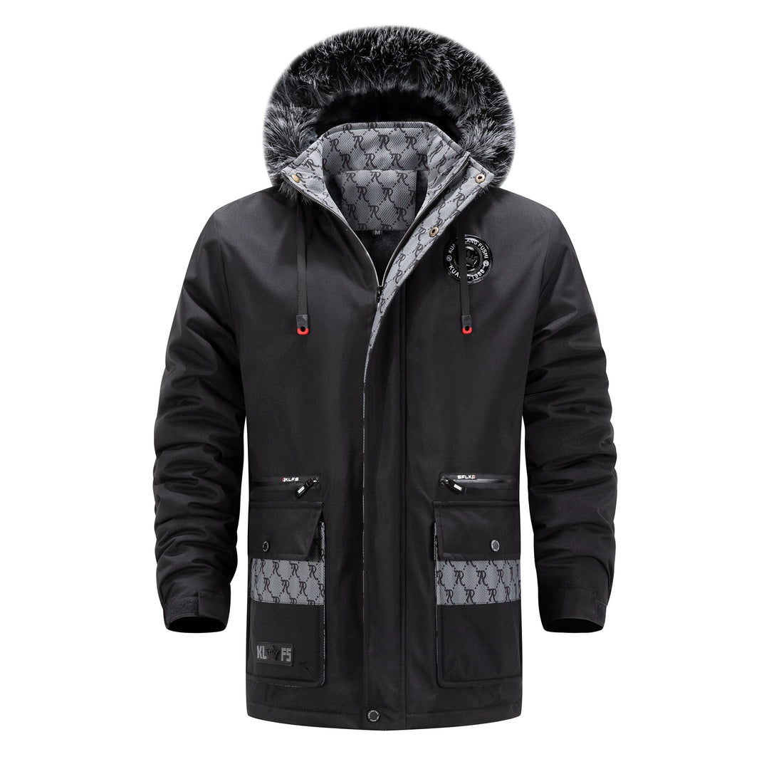 Herren Langer Thermo-Parka mit Kapuze, Logo-Innenfutter und Multifunktions-Taschen Echoarchiv