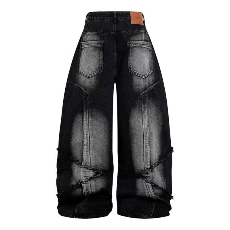 Damen Hochtaillierte weite Baggy-Jeans mit ausgefransten Lagenpanelen und Used-Look Echoarchiv