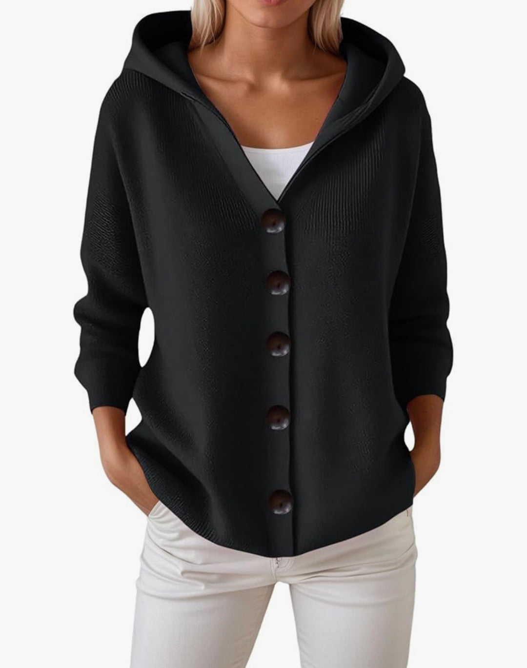 Damen Kapuzen-Strickjacke mit großen Holzknöpfen und seitlichen Eingrifftaschen – Veloura