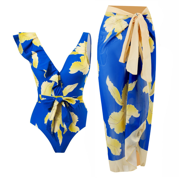 Damen Eleganter Einteiler Badeanzug mit floralen Rüschendetails Echo Archiv