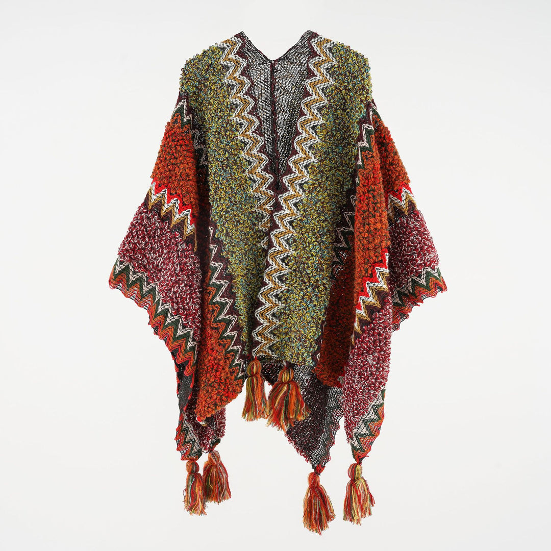 Damen Kurzponcho aus Bouclé-Strick mit Zickzack-Jacquard und Quasten – Avérine