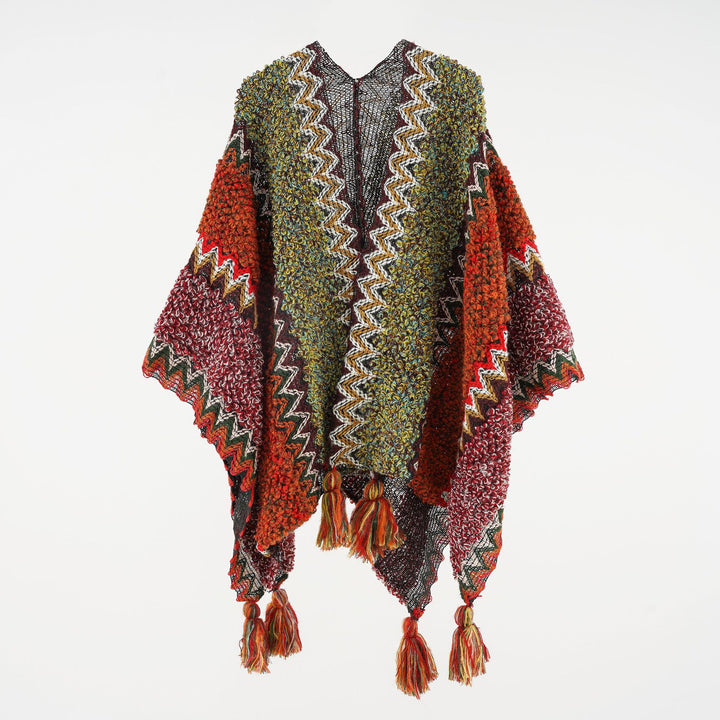Damen Kurzponcho aus Bouclé-Strick mit Zickzack-Jacquard und Quasten – Avérine