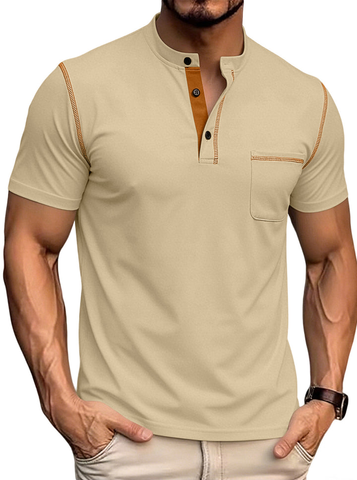 Herren nan kurzärmeliges Henley-Shirt mit Stehkragen, Brusttasche und kontrastierenden Ziernähten Echo Archiv