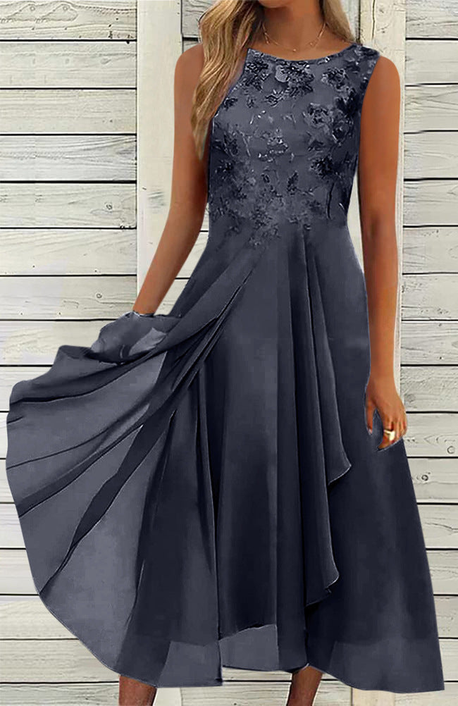 Damen nan ärmelloses Chiffon-Midikleid mit bestickter Brustpartie und asymmetrischem Lagenrock Echoarchiv
