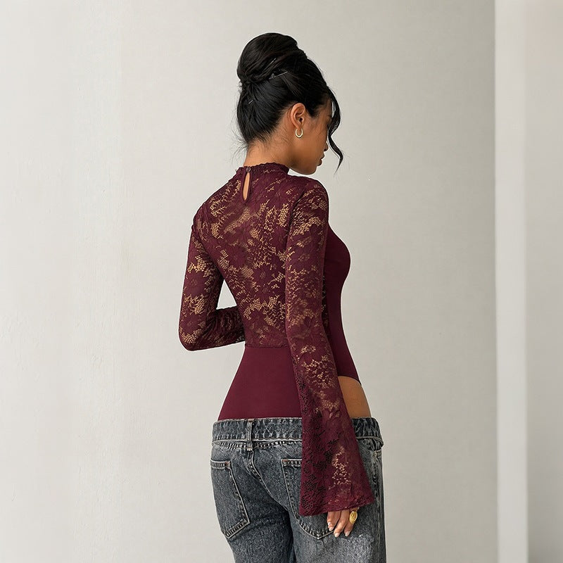 Damen Elegantes Spitzenoberteil mit Y-Ausschnitt und Volantärmeln Echo Archiv
